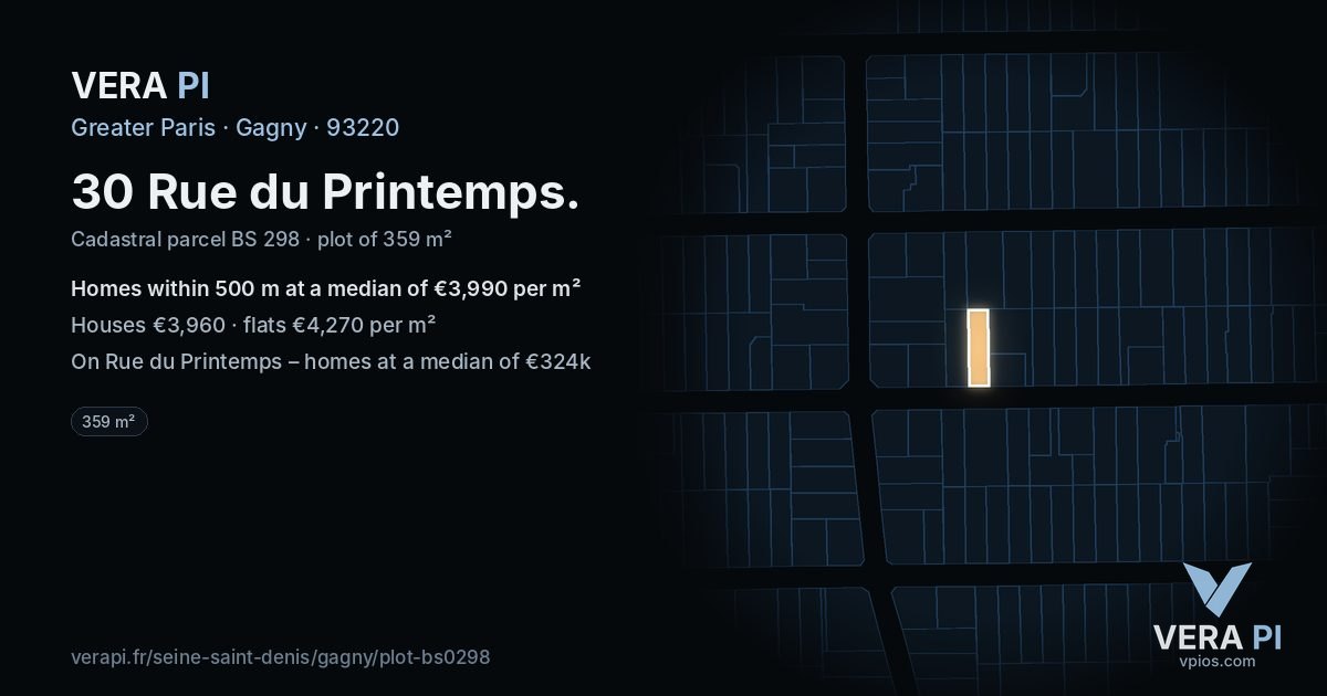 30 Rue du Printemps, Gagny at night – the plot lit, the parcels around coloured by the prices near them