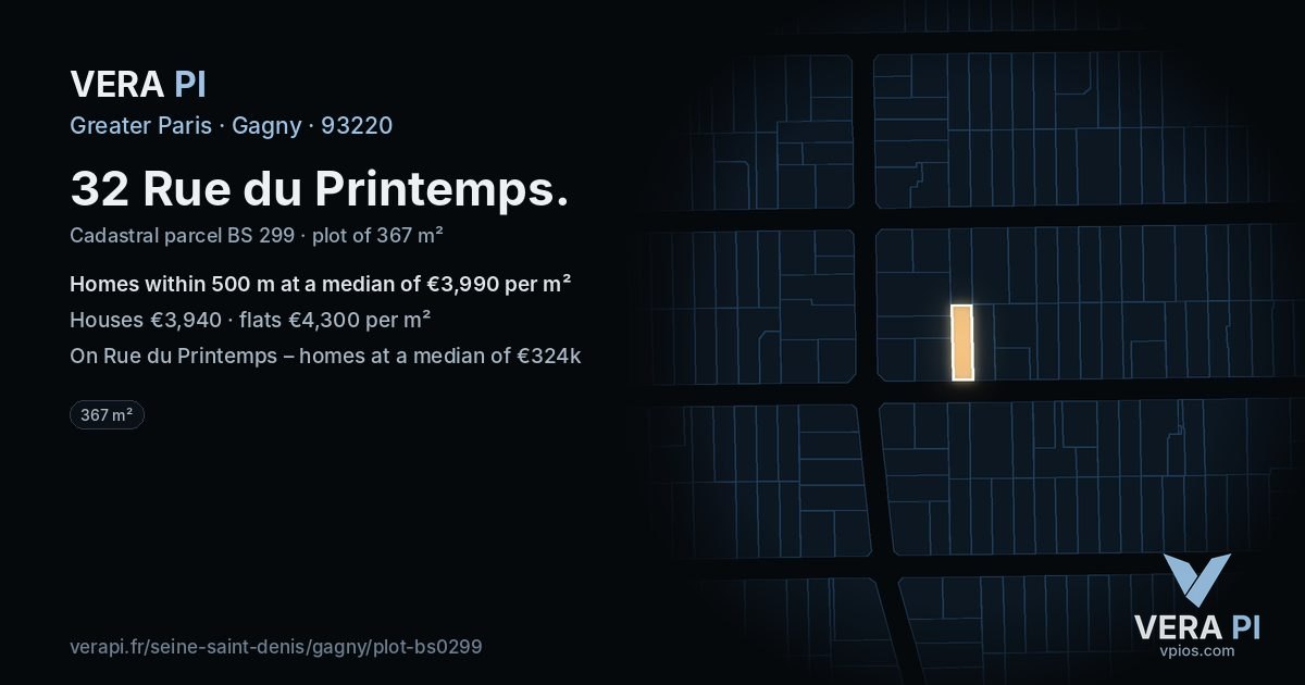 32 Rue du Printemps, Gagny at night – the plot lit, the parcels around coloured by the prices near them