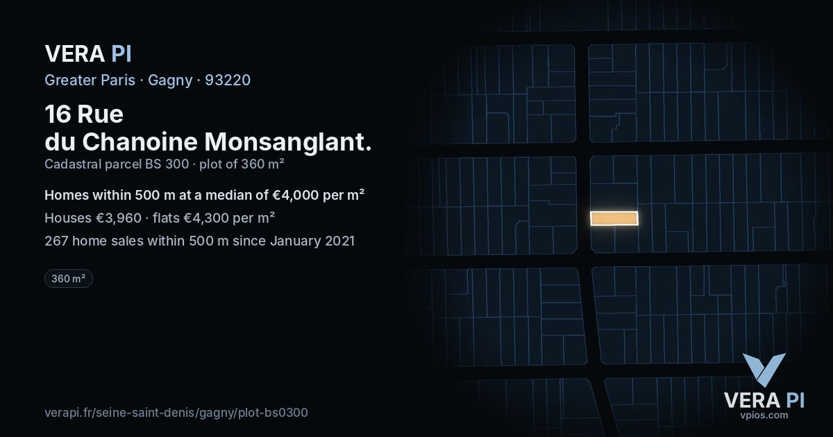16 Rue du Chanoine Monsanglant, Gagny at night – the plot lit, the parcels around coloured by the prices near them