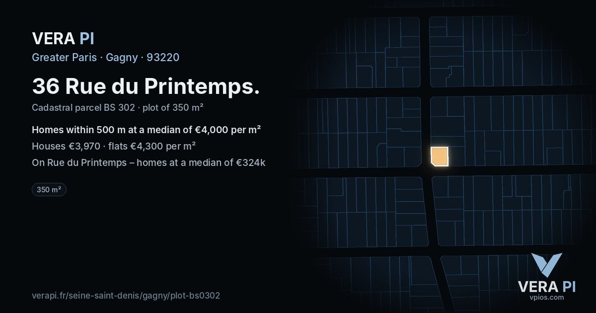 36 Rue du Printemps, Gagny at night – the plot lit, the parcels around coloured by the prices near them