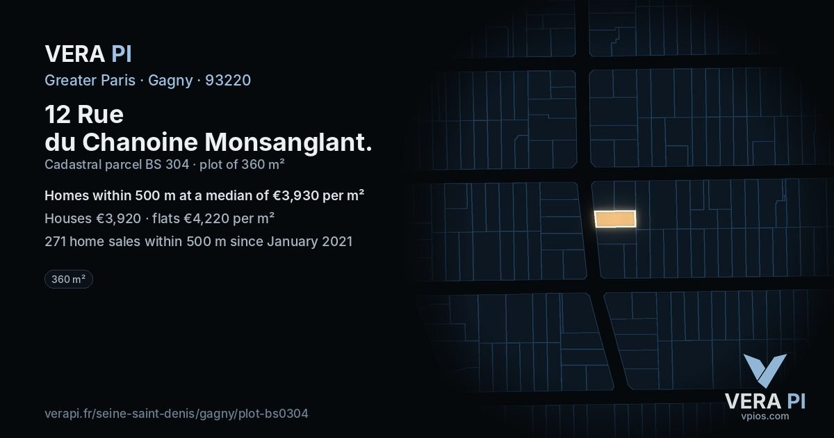12 Rue du Chanoine Monsanglant, Gagny at night – the plot lit, the parcels around coloured by the prices near them