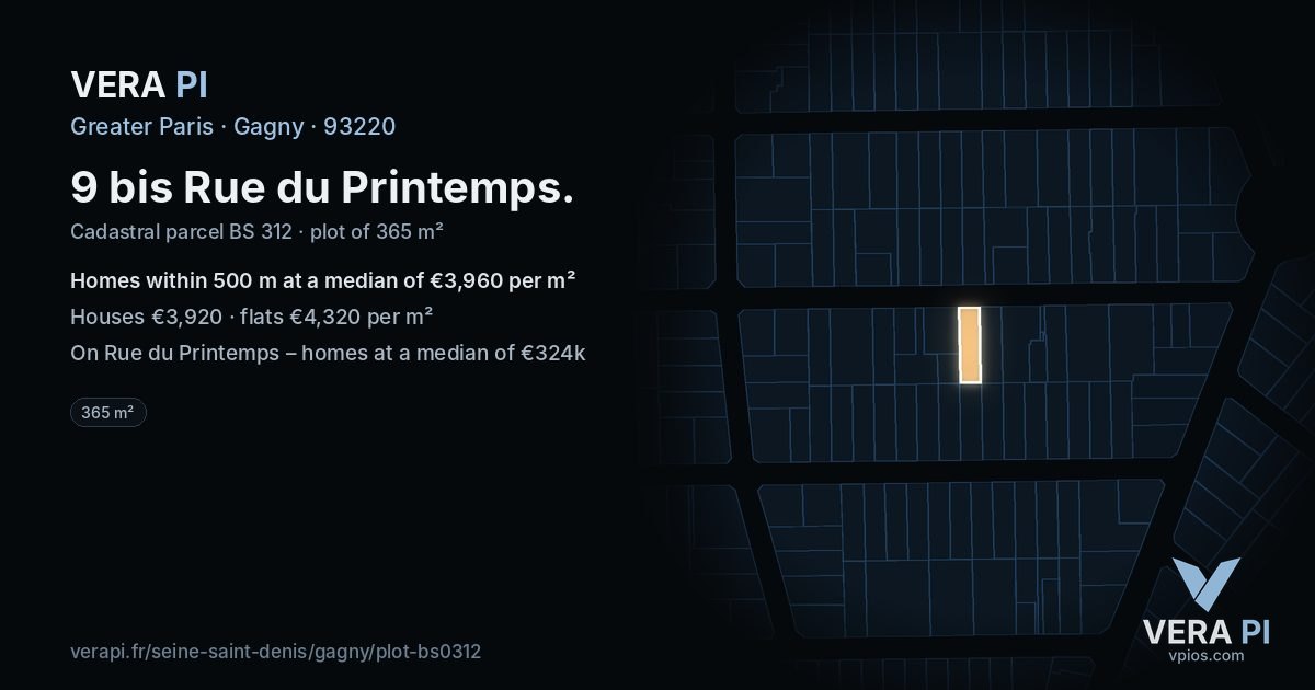 9 bis Rue du Printemps, Gagny at night – the plot lit, the parcels around coloured by the prices near them