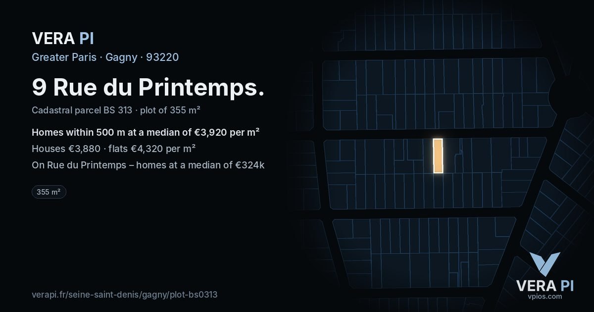 9 Rue du Printemps, Gagny at night – the plot lit, the parcels around coloured by the prices near them
