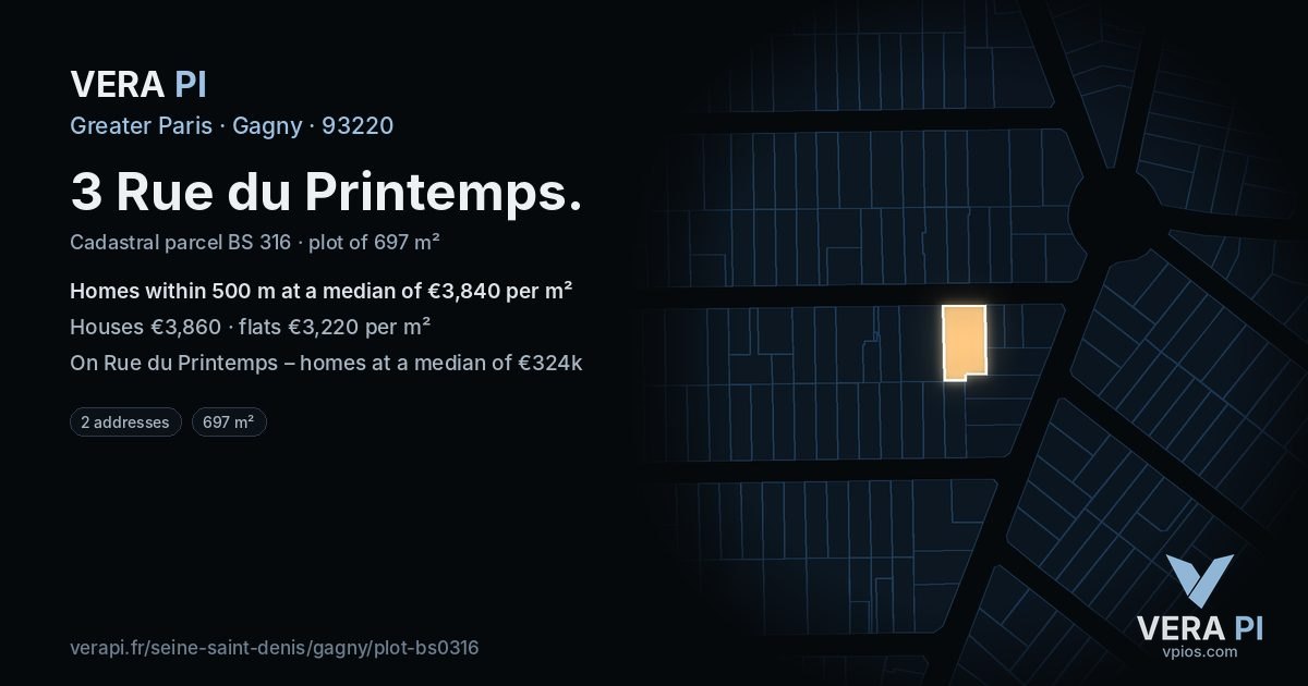 3 Rue du Printemps, Gagny at night – the plot lit, the parcels around coloured by the prices near them