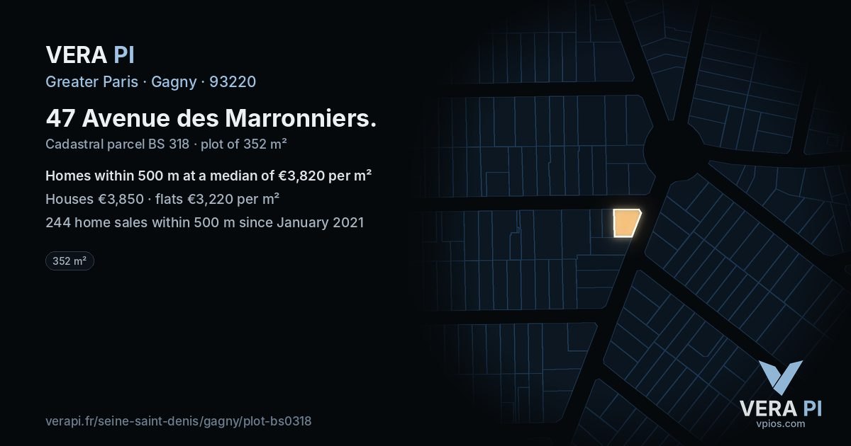 47 Avenue des Marronniers, Gagny at night – the plot lit, the parcels around coloured by the prices near them
