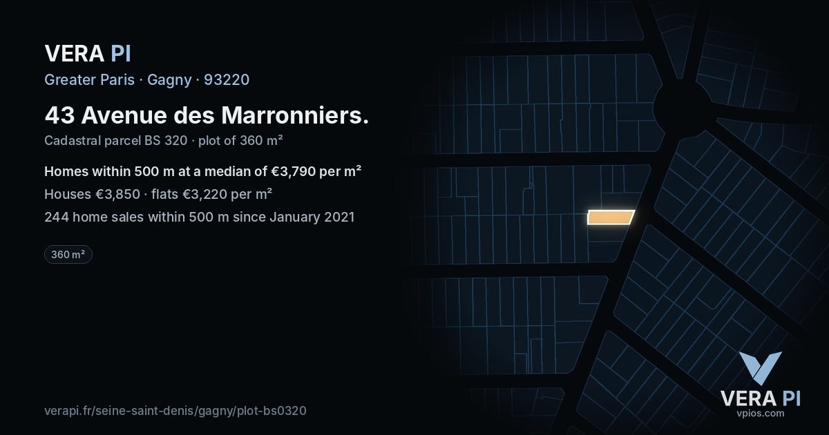 43 Avenue des Marronniers, Gagny at night – the plot lit, the parcels around coloured by the prices near them
