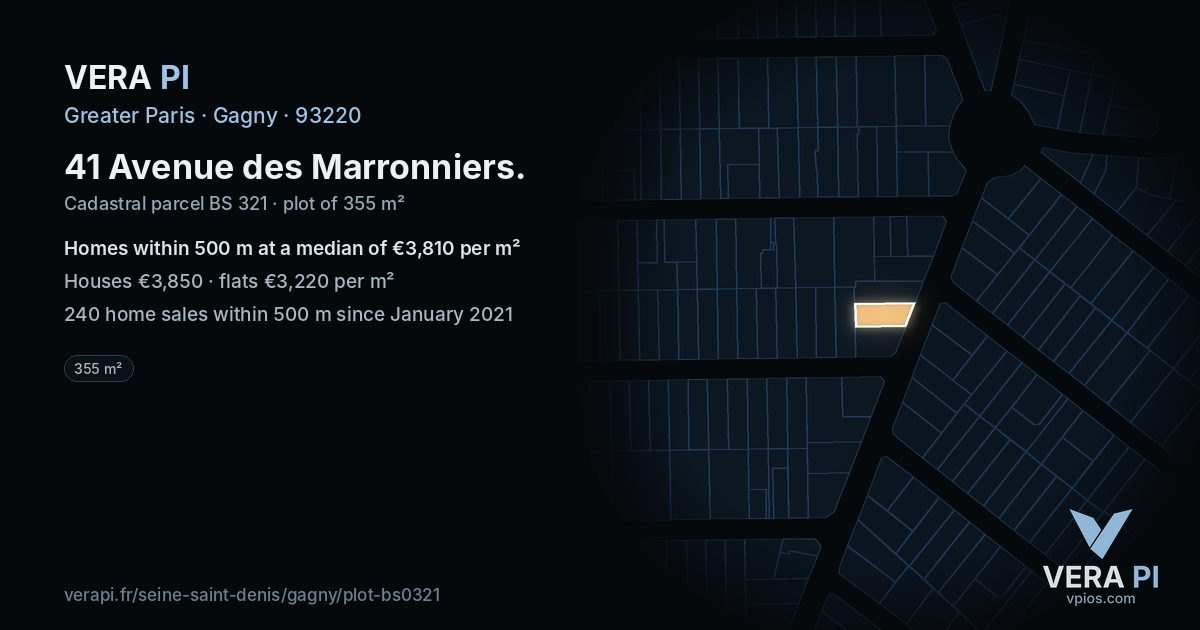 41 Avenue des Marronniers, Gagny at night – the plot lit, the parcels around coloured by the prices near them