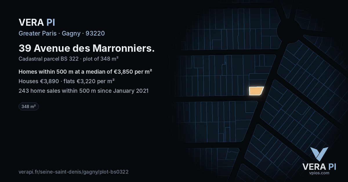 39 Avenue des Marronniers, Gagny at night – the plot lit, the parcels around coloured by the prices near them