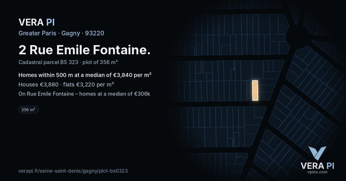 2 Rue Emile Fontaine, Gagny at night – the plot lit, the parcels around coloured by the prices near them