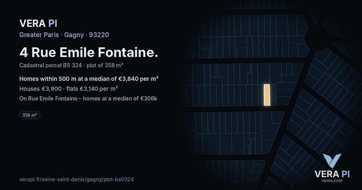4 Rue Emile Fontaine, Gagny at night – the plot lit, the parcels around coloured by the prices near them