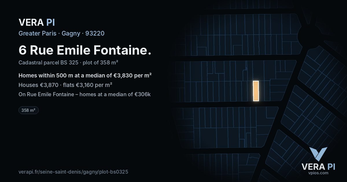 6 Rue Emile Fontaine, Gagny at night – the plot lit, the parcels around coloured by the prices near them