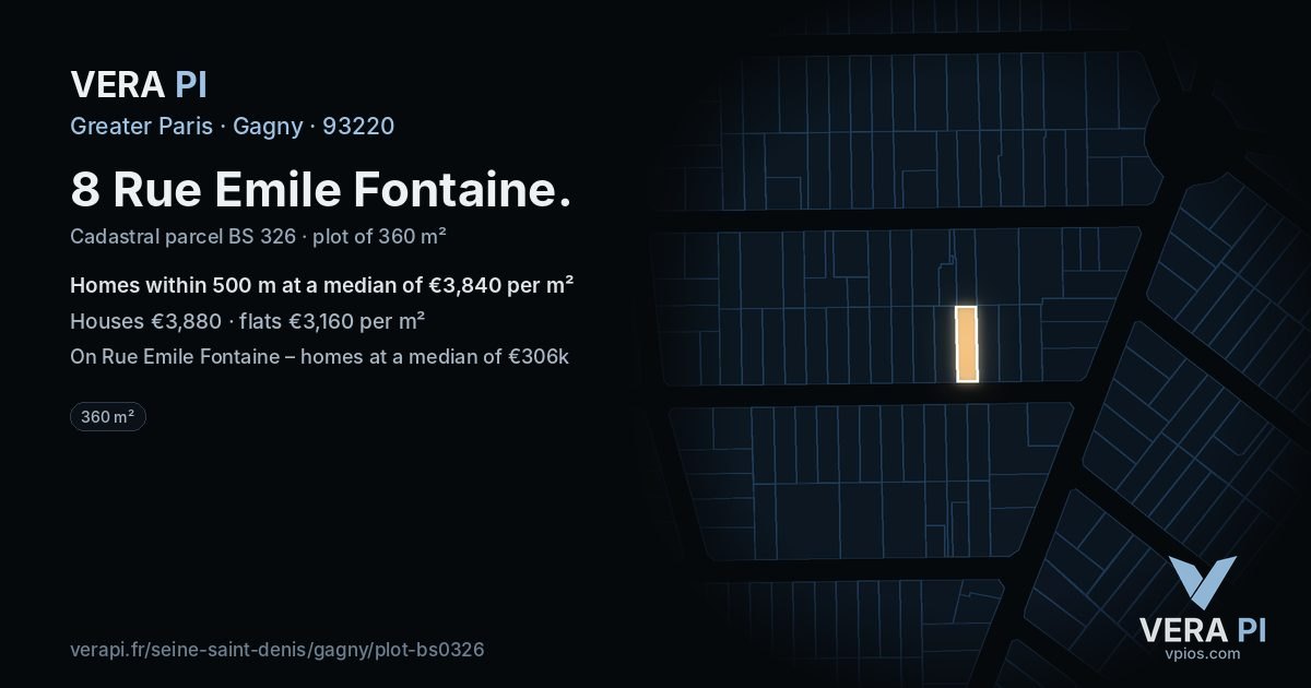 8 Rue Emile Fontaine, Gagny at night – the plot lit, the parcels around coloured by the prices near them