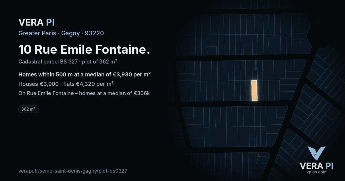 10 Rue Emile Fontaine, Gagny at night – the plot lit, the parcels around coloured by the prices near them