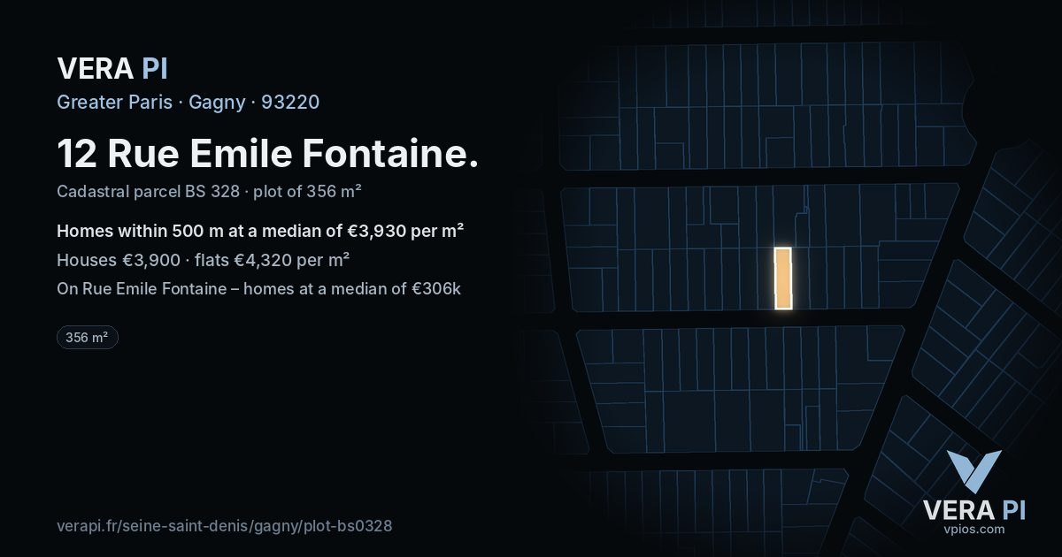 12 Rue Emile Fontaine, Gagny at night – the plot lit, the parcels around coloured by the prices near them