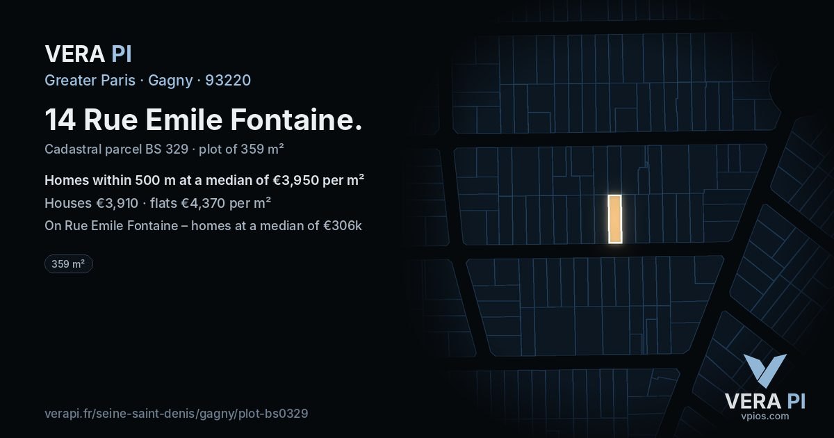 14 Rue Emile Fontaine, Gagny at night – the plot lit, the parcels around coloured by the prices near them