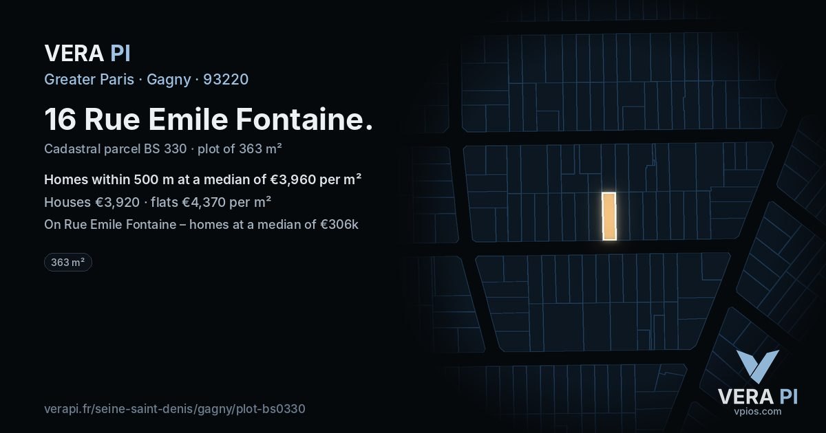 16 Rue Emile Fontaine, Gagny at night – the plot lit, the parcels around coloured by the prices near them