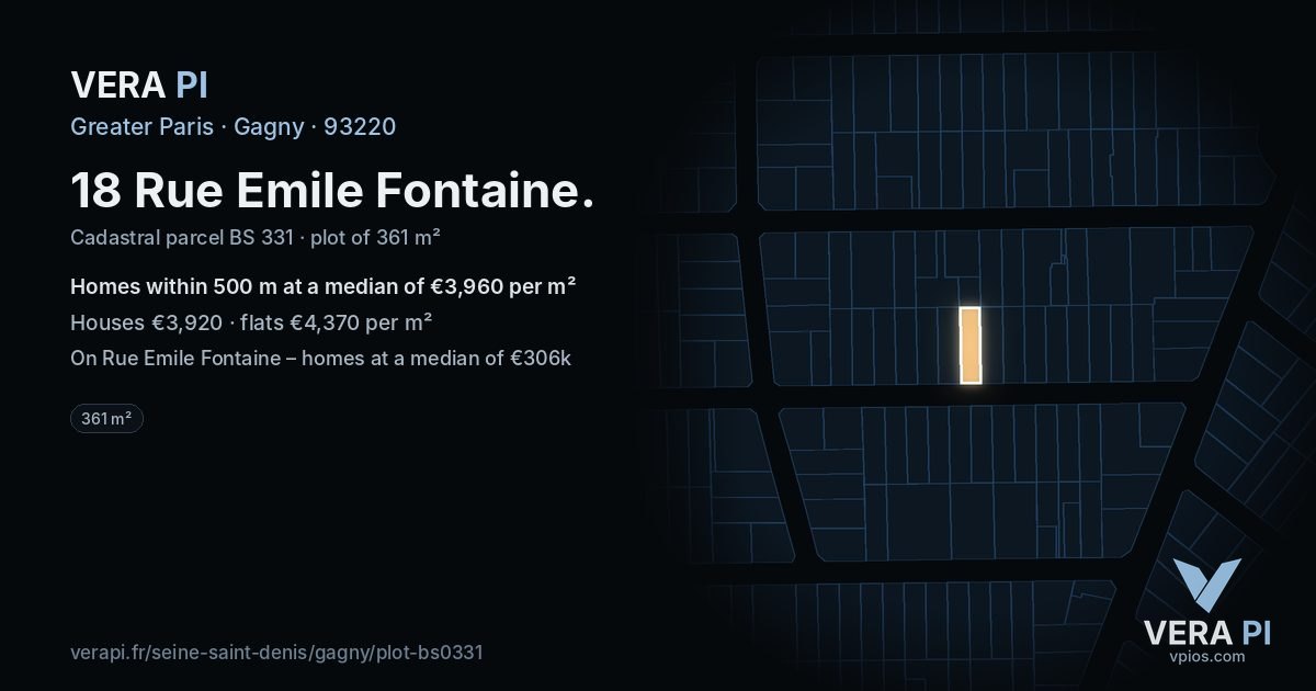 18 Rue Emile Fontaine, Gagny at night – the plot lit, the parcels around coloured by the prices near them