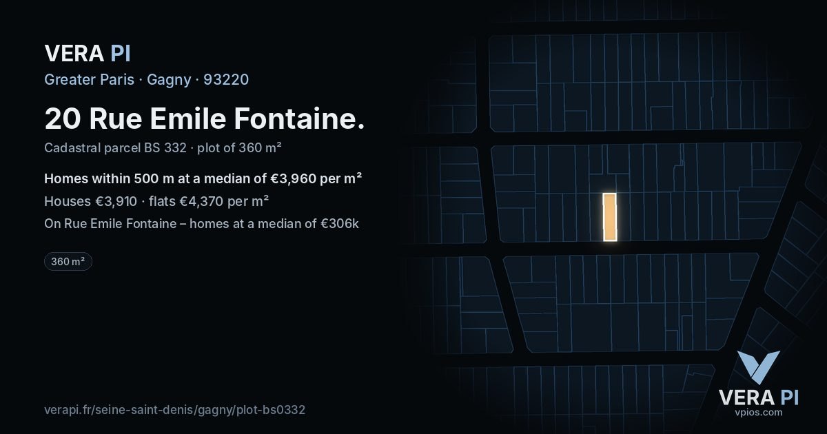 20 Rue Emile Fontaine, Gagny at night – the plot lit, the parcels around coloured by the prices near them