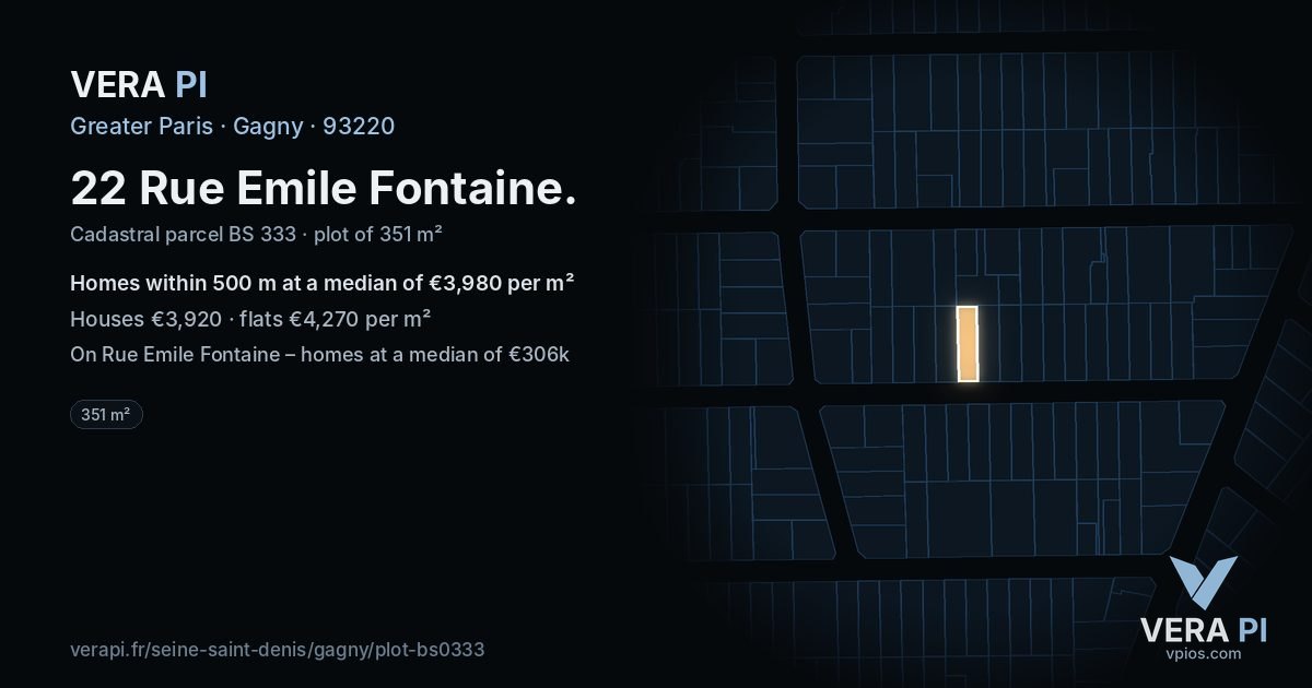 22 Rue Emile Fontaine, Gagny at night – the plot lit, the parcels around coloured by the prices near them