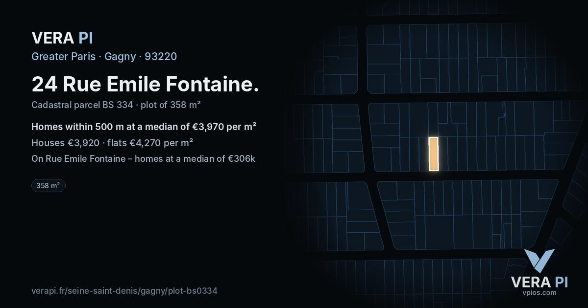 24 Rue Emile Fontaine, Gagny at night – the plot lit, the parcels around coloured by the prices near them