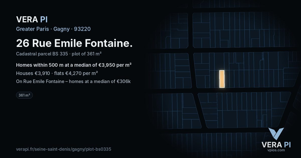 26 Rue Emile Fontaine, Gagny at night – the plot lit, the parcels around coloured by the prices near them