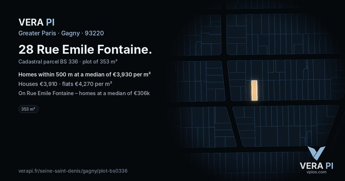28 Rue Emile Fontaine, Gagny at night – the plot lit, the parcels around coloured by the prices near them