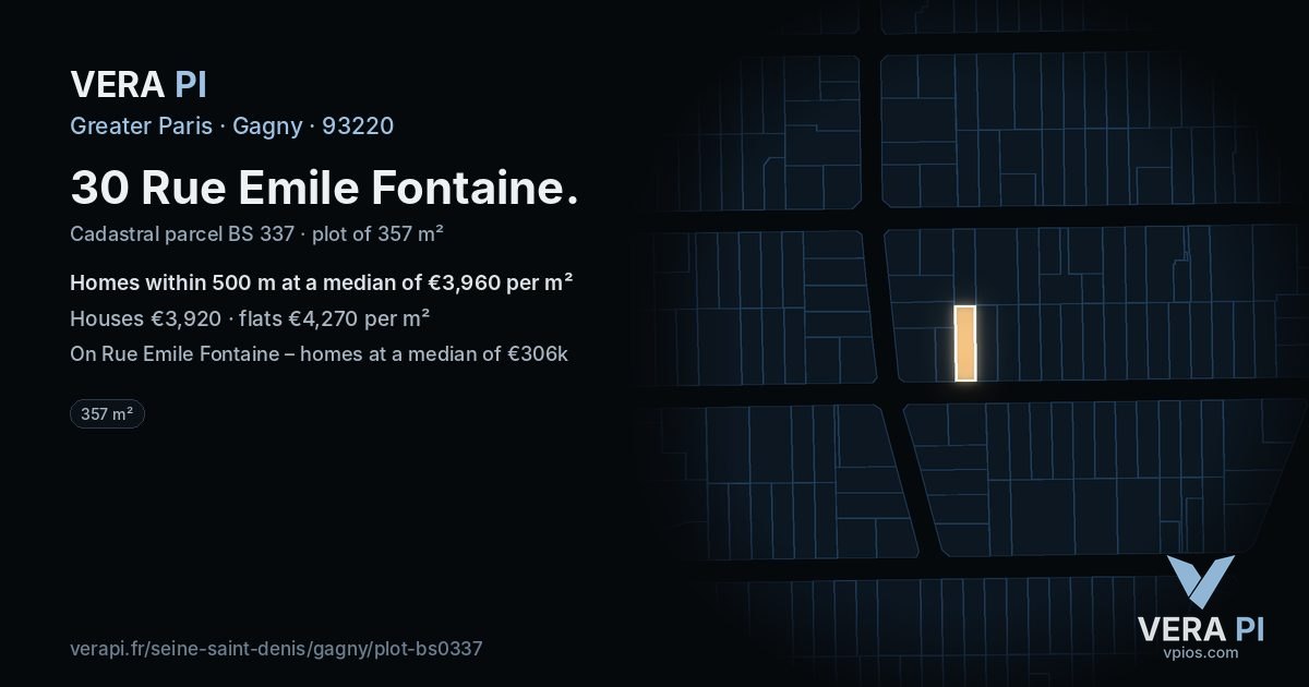 30 Rue Emile Fontaine, Gagny at night – the plot lit, the parcels around coloured by the prices near them