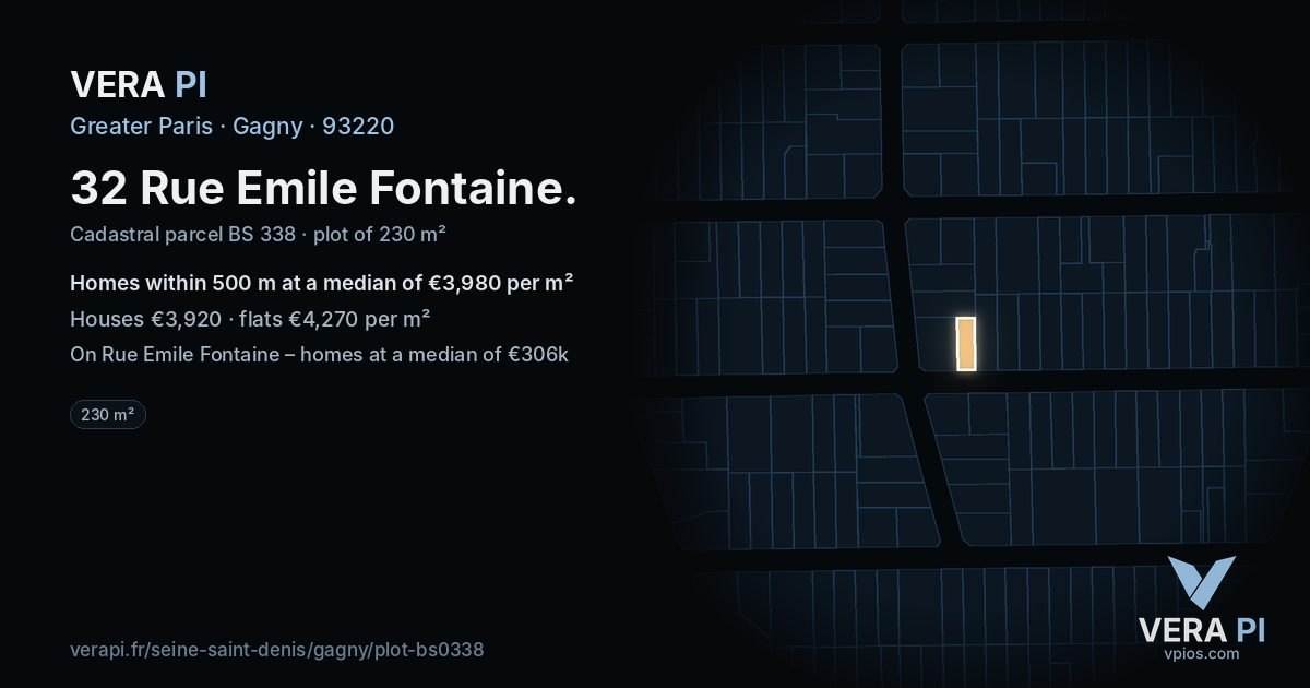 32 Rue Emile Fontaine, Gagny at night – the plot lit, the parcels around coloured by the prices near them