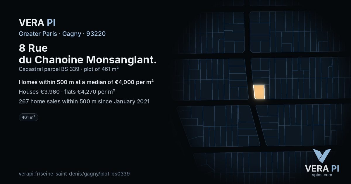 8 Rue du Chanoine Monsanglant, Gagny at night – the plot lit, the parcels around coloured by the prices near them