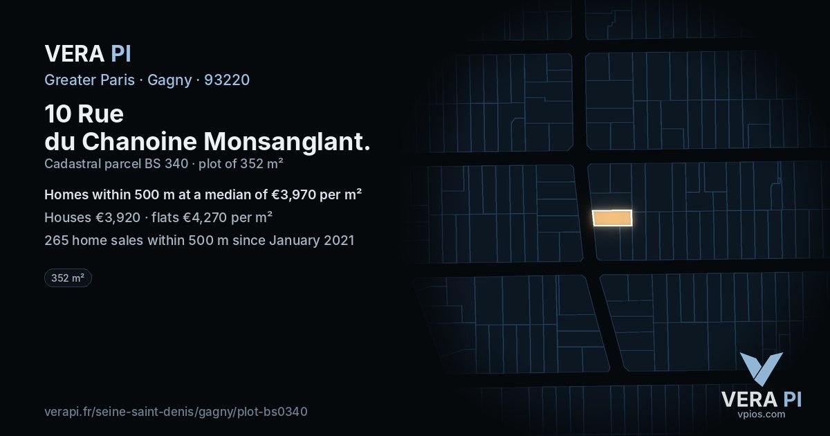 10 Rue du Chanoine Monsanglant, Gagny at night – the plot lit, the parcels around coloured by the prices near them