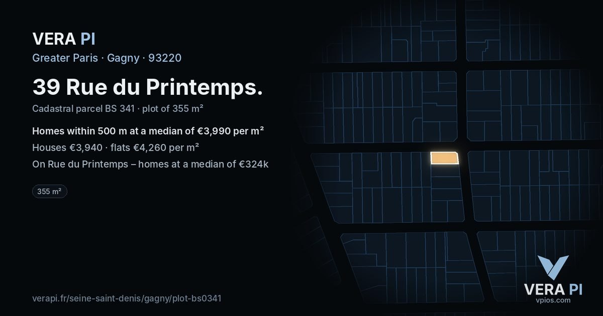 39 Rue du Printemps, Gagny at night – the plot lit, the parcels around coloured by the prices near them