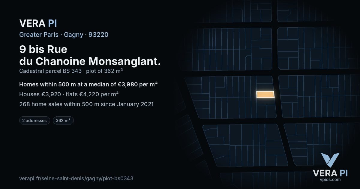 9 bis Rue du Chanoine Monsanglant, Gagny at night – the plot lit, the parcels around coloured by the prices near them