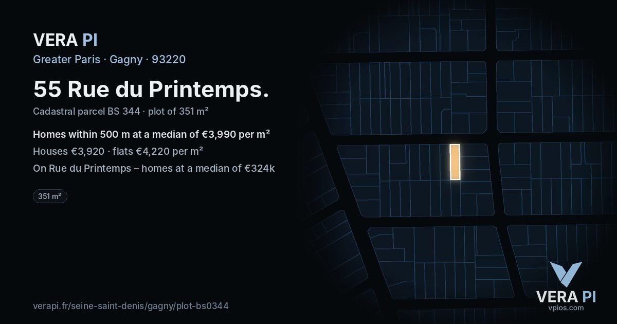 55 Rue du Printemps, Gagny at night – the plot lit, the parcels around coloured by the prices near them