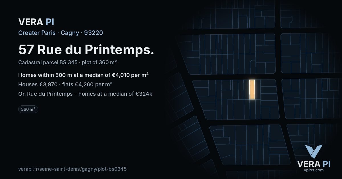 57 Rue du Printemps, Gagny at night – the plot lit, the parcels around coloured by the prices near them