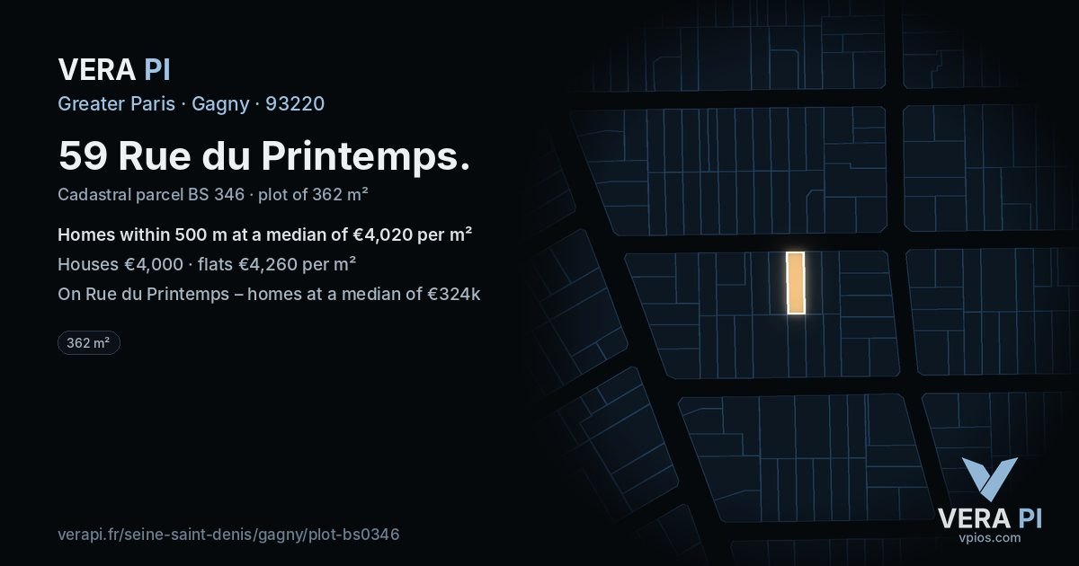 59 Rue du Printemps, Gagny at night – the plot lit, the parcels around coloured by the prices near them