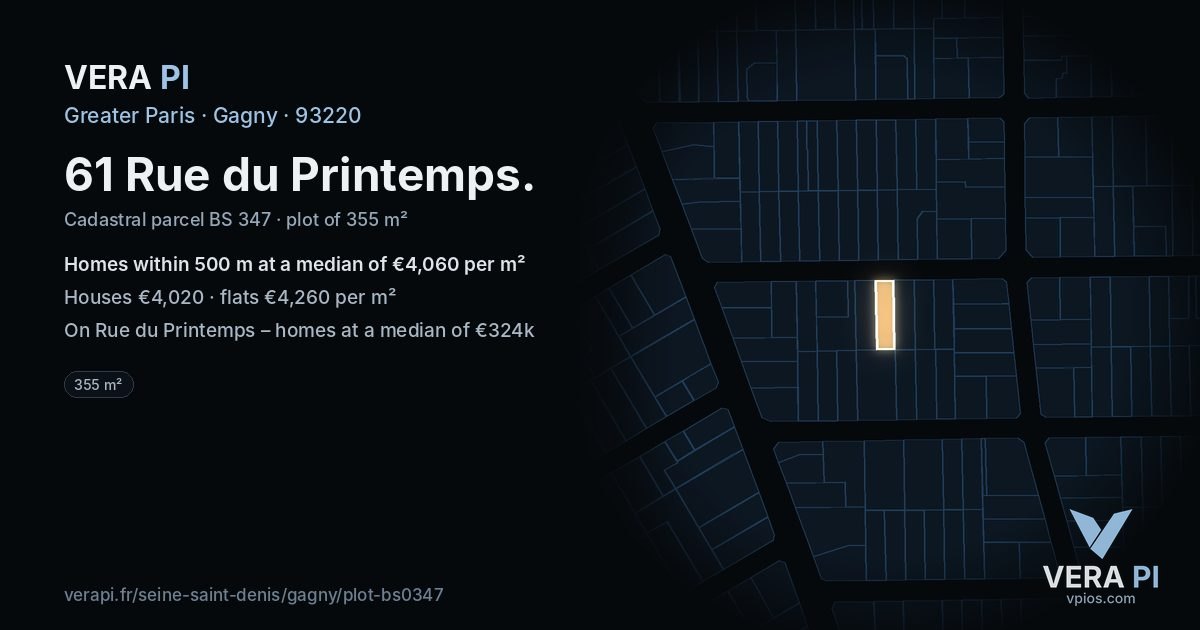61 Rue du Printemps, Gagny at night – the plot lit, the parcels around coloured by the prices near them