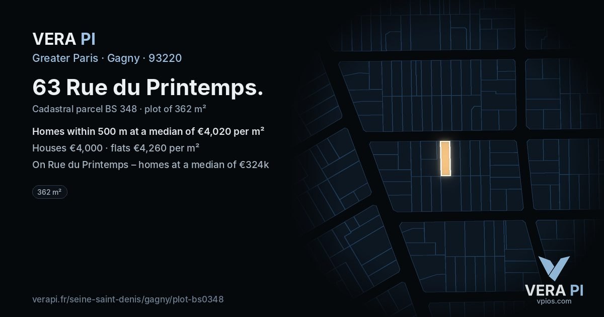 63 Rue du Printemps, Gagny at night – the plot lit, the parcels around coloured by the prices near them