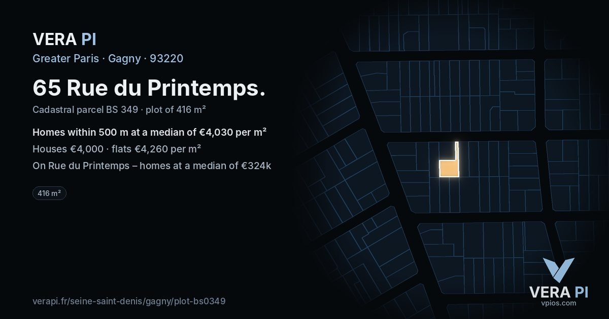65 Rue du Printemps, Gagny at night – the plot lit, the parcels around coloured by the prices near them