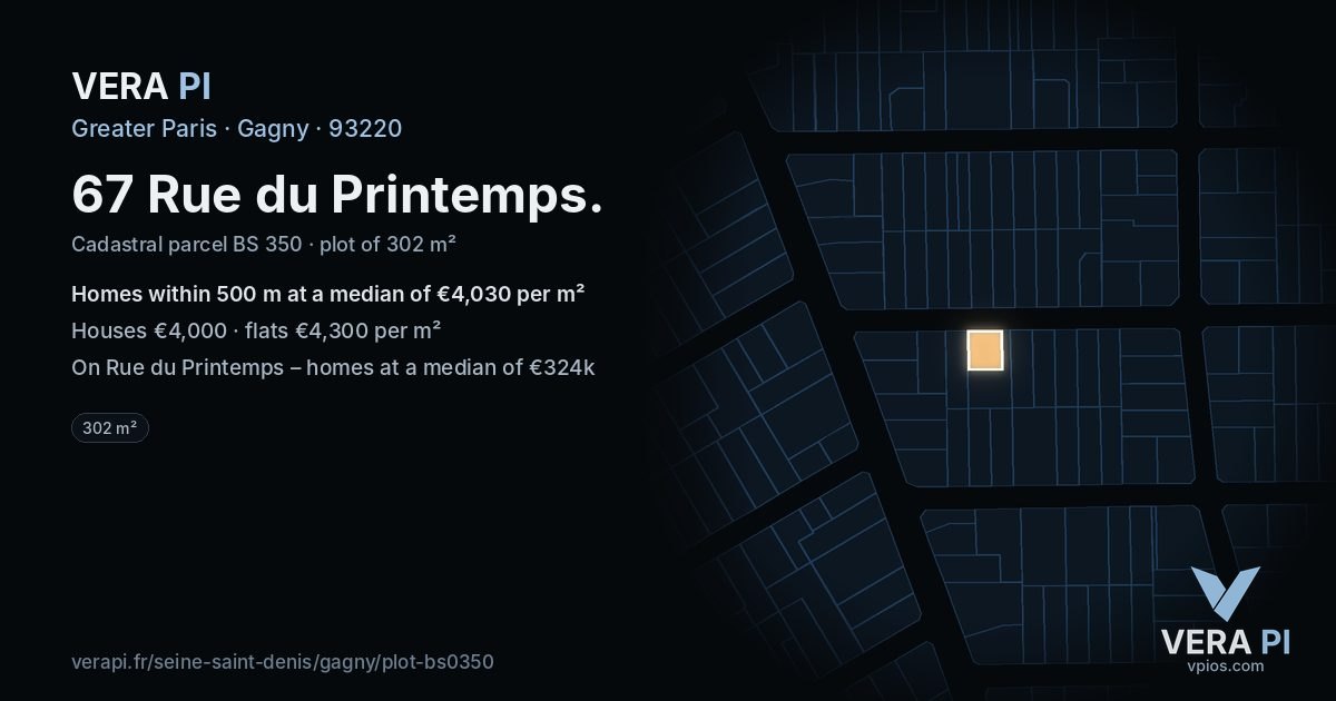 67 Rue du Printemps, Gagny at night – the plot lit, the parcels around coloured by the prices near them