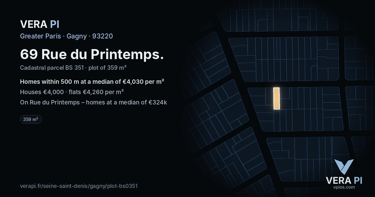 69 Rue du Printemps, Gagny at night – the plot lit, the parcels around coloured by the prices near them