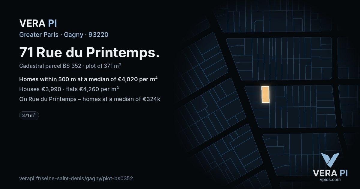 71 Rue du Printemps, Gagny at night – the plot lit, the parcels around coloured by the prices near them