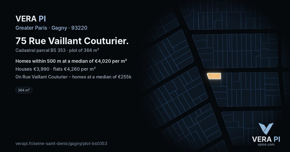75 Rue Vaillant Couturier, Gagny at night – the plot lit, the parcels around coloured by the prices near them
