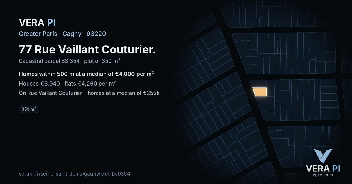 77 Rue Vaillant Couturier, Gagny at night – the plot lit, the parcels around coloured by the prices near them