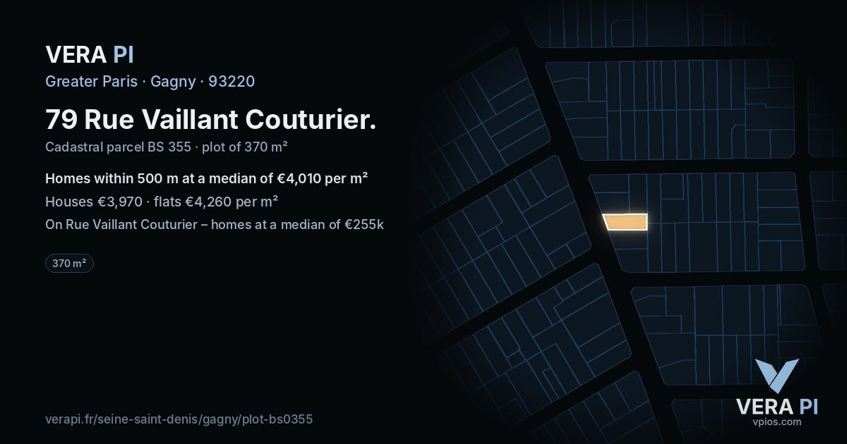79 Rue Vaillant Couturier, Gagny at night – the plot lit, the parcels around coloured by the prices near them