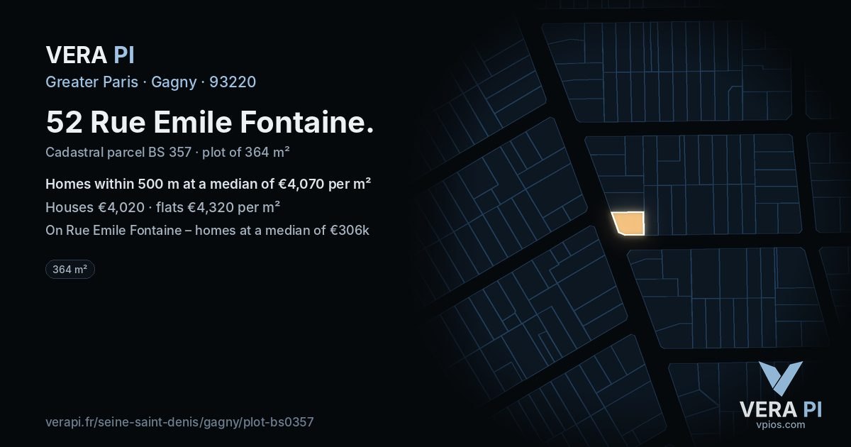 52 Rue Emile Fontaine, Gagny at night – the plot lit, the parcels around coloured by the prices near them