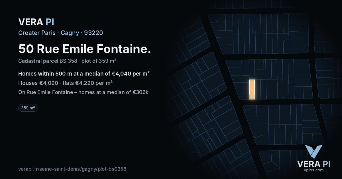 50 Rue Emile Fontaine, Gagny at night – the plot lit, the parcels around coloured by the prices near them