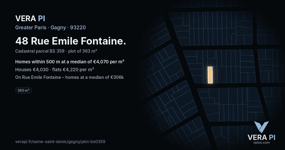 48 Rue Emile Fontaine, Gagny at night – the plot lit, the parcels around coloured by the prices near them