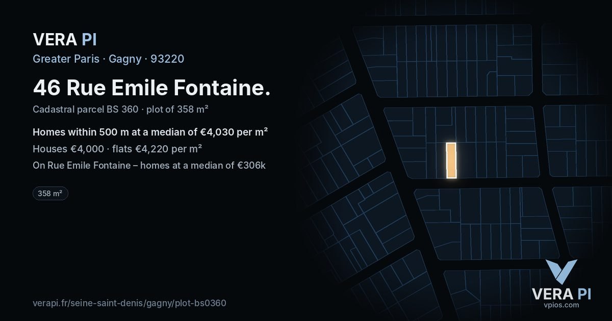 46 Rue Emile Fontaine, Gagny at night – the plot lit, the parcels around coloured by the prices near them