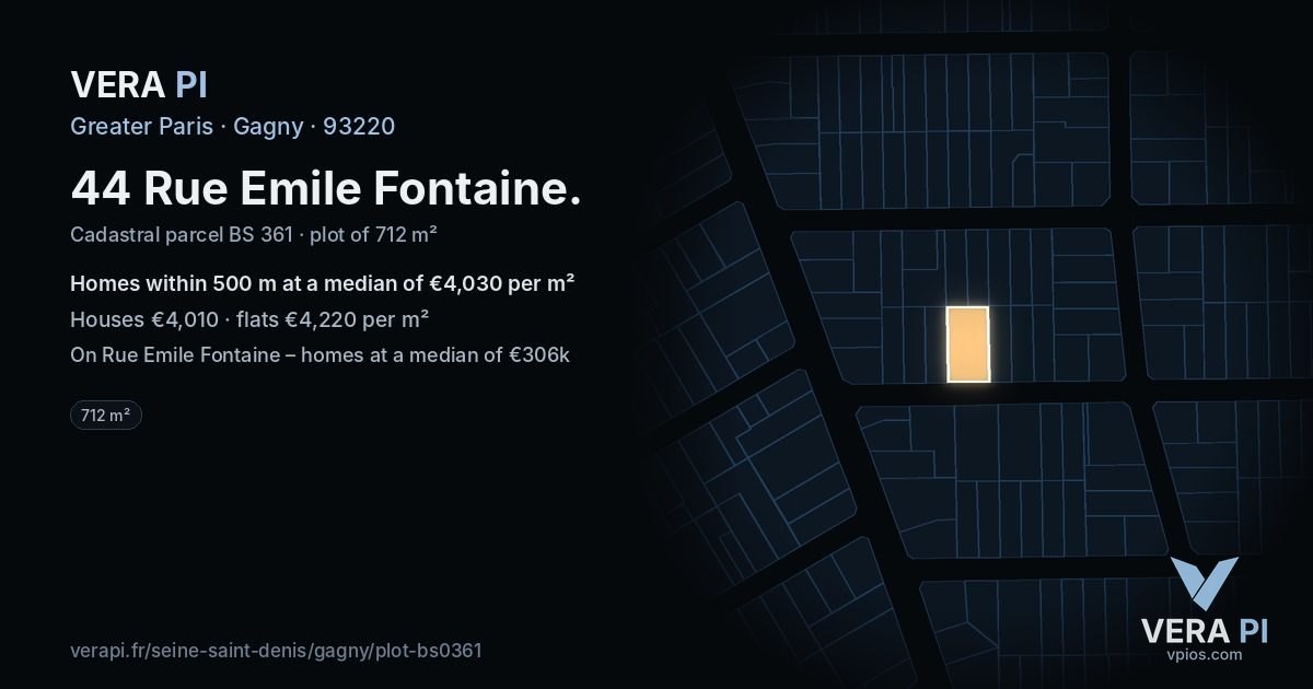 44 Rue Emile Fontaine, Gagny at night – the plot lit, the parcels around coloured by the prices near them