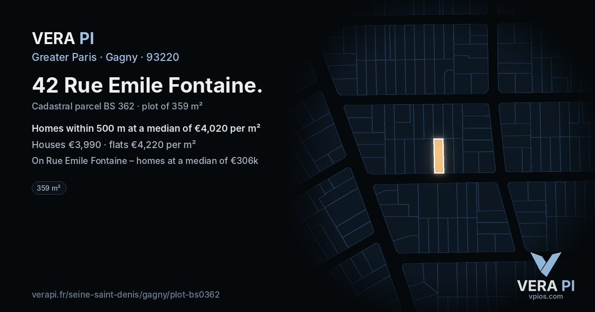 42 Rue Emile Fontaine, Gagny at night – the plot lit, the parcels around coloured by the prices near them